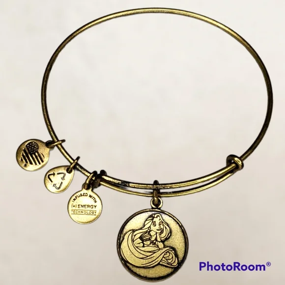 Disney ALEX AND ANI Princess Rapunzel Gold Tone Bangle Charm Bracelet RETIRED